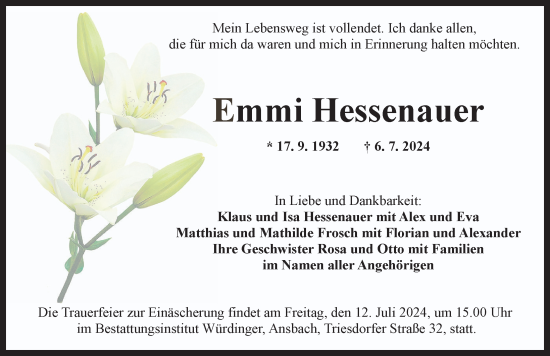 Traueranzeige von Emmi Hessenauer von Ansbach