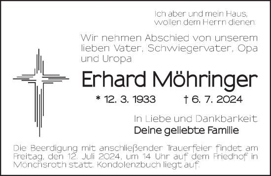 Traueranzeige von Erhard Möhringer von Dinkelsbühl/ Feuchtwangen