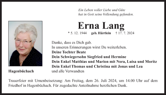 Traueranzeige von Erna Lang von Neustadt/ Scheinfeld/ Uffenheim
