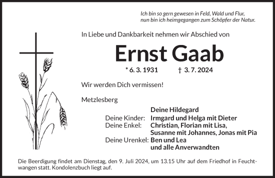 Traueranzeige von Ernst Gaab von Dinkelsbühl/ Feuchtwangen