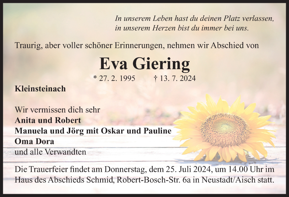  Traueranzeige für Eva Giering vom 23.07.2024 aus Neustadt/ Scheinfeld/ Uffenheim