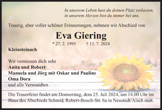 Traueranzeige von Eva Giering von Neustadt/ Scheinfeld/ Uffenheim