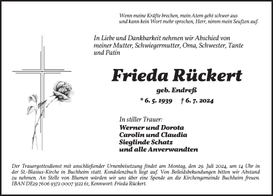 Traueranzeige von Frieda Rückert von Neustadt/ Scheinfeld/ Uffenheim