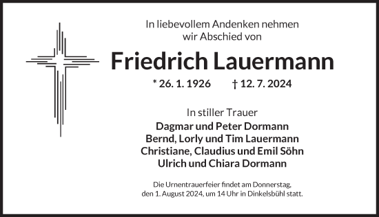 Traueranzeige von Friedrich Lauermann von Dinkelsbühl/ Feuchtwangen