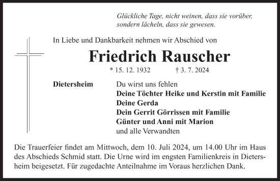 Traueranzeige von Friedrich Rauscher von Neustadt/ Scheinfeld/ Uffenheim