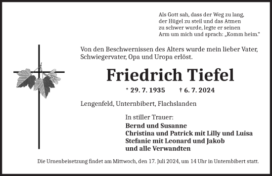 Traueranzeige von Friedrich Tiefel von Ansbach