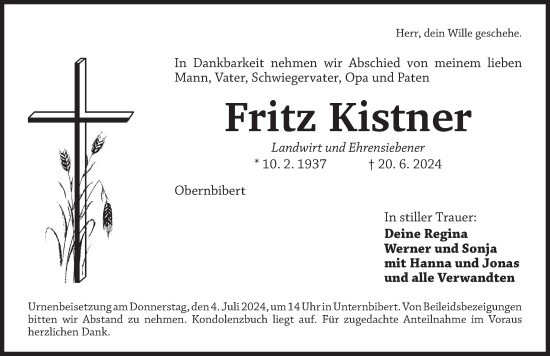 Traueranzeige von Fritz Kistner von Ansbach