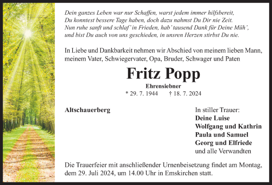 Traueranzeige von Fritz Popp von Neustadt/ Scheinfeld/ Uffenheim