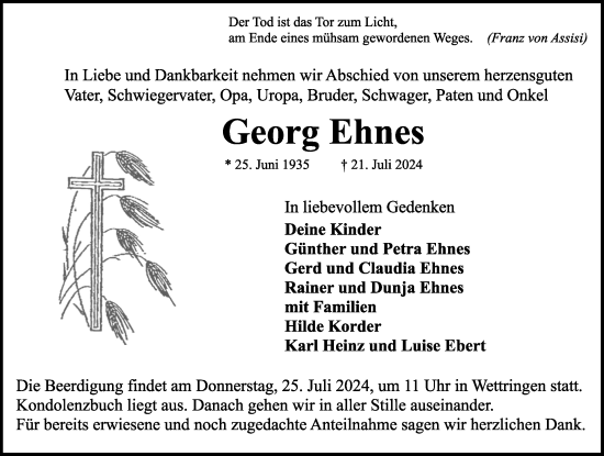 Traueranzeige von Georg Ehnes von Rothenburg
