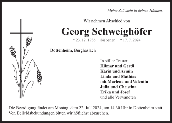 Traueranzeige von Georg Schweighöfer von Neustadt/ Scheinfeld/ Uffenheim