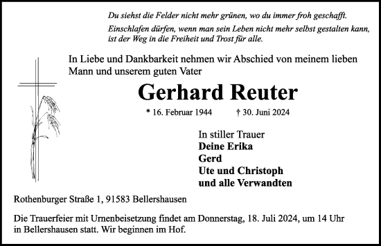 Traueranzeige von Gerhard Reuter von Rothenburg