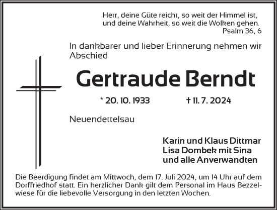 Traueranzeige von Gertraude Berndt von Ansbach