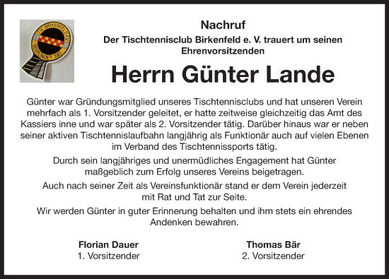 Traueranzeige von Günter Lande von Neustadt/ Scheinfeld/ Uffenheim