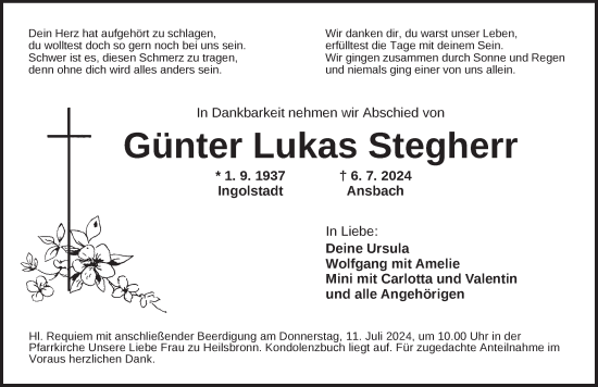 Traueranzeige von Günter Lukas Stegherr von Ansbach