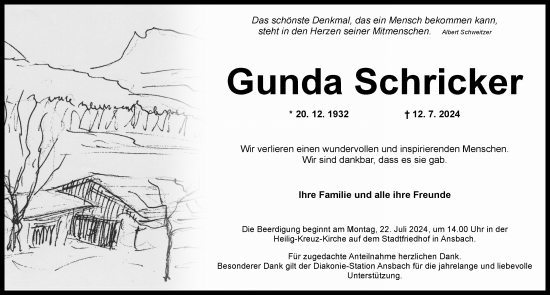 Traueranzeige von Gunda Schricker von Ansbach