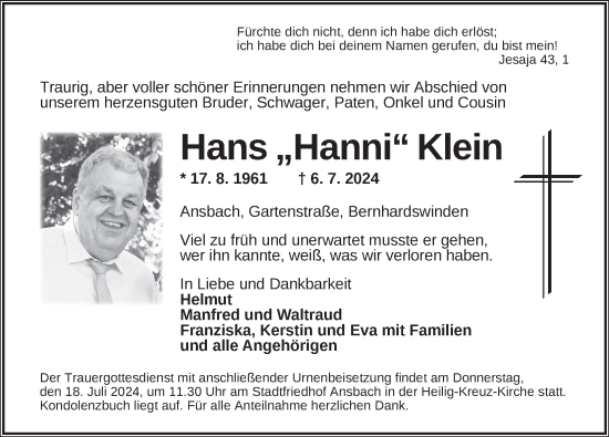 Traueranzeige von Hans Klein von Ansbach