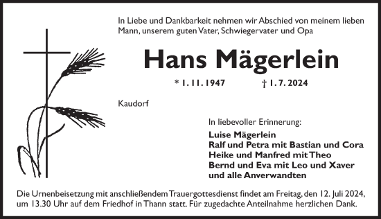 Traueranzeige von Hans Mägerlein von Ansbach