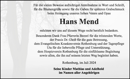 Traueranzeige von Hans Mend von Rothenburg