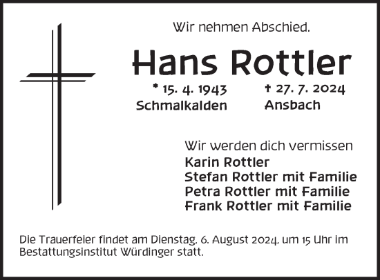 Traueranzeige von Hans Rottler von Ansbach