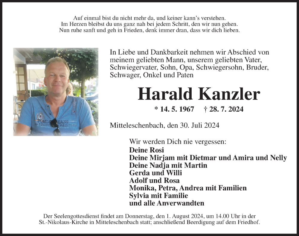  Traueranzeige für Harald Kanzler vom 30.07.2024 aus Ansbach