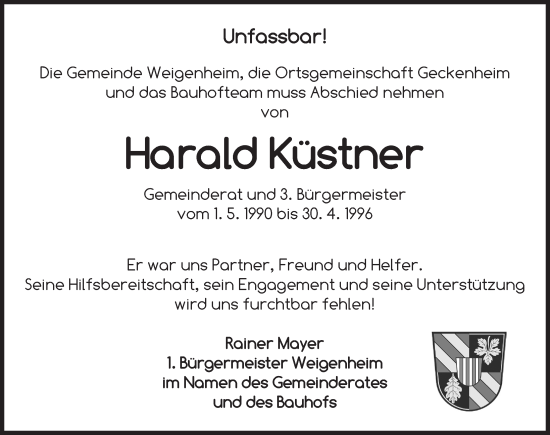 Traueranzeige von Harald Küstner von Neustadt/ Scheinfeld/ Uffenheim