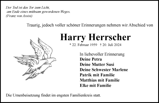 Traueranzeige von Harry Herrscher von Rothenburg