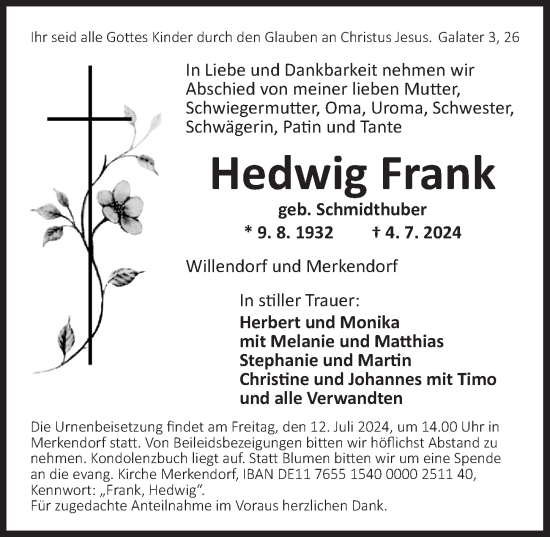 Traueranzeige von Hedwig Frank von Ansbach