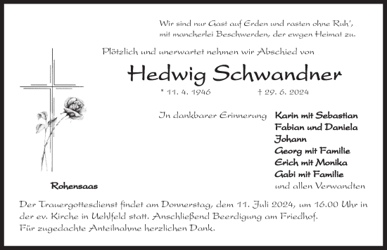 Traueranzeige von Hedwig Schwandner von Neustadt/ Scheinfeld/ Uffenheim