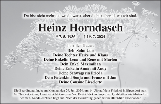 Traueranzeige von Heinz Horndasch von Ansbach