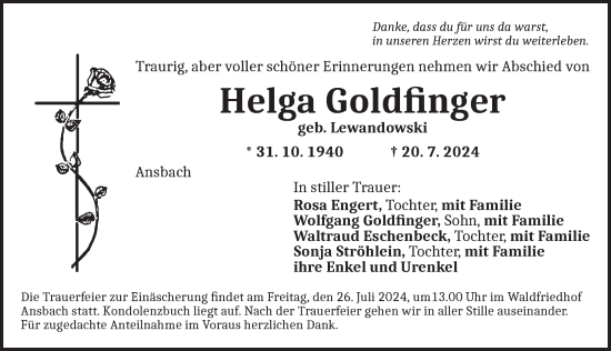 Traueranzeige von Helga Goldfinger von Ansbach