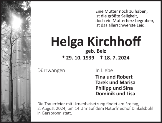 Traueranzeige von Helga Kirchhoff von Dinkelsbühl/ Feuchtwangen