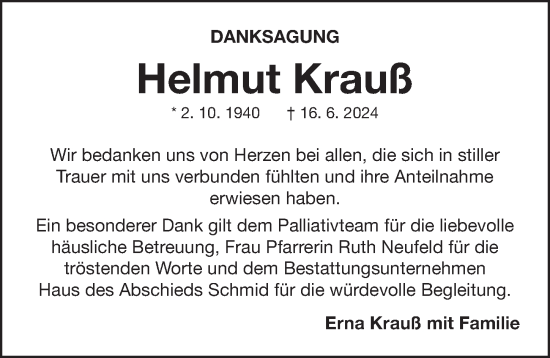 Traueranzeige von Helmut Krauß von Neustadt/ Scheinfeld/ Uffenheim