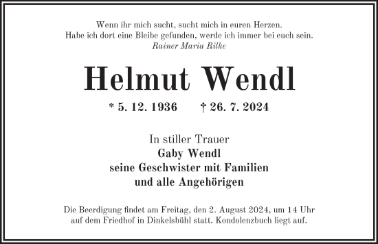 Traueranzeige von Helmut Wendl von Dinkelsbühl/ Feuchtwangen