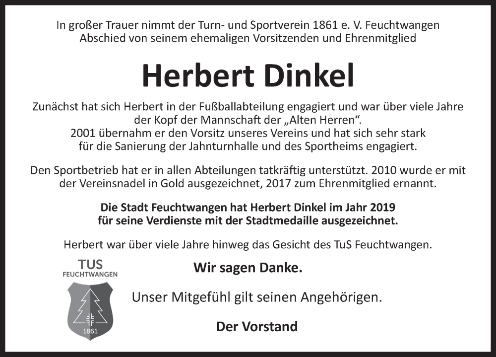  Traueranzeige für Herbert Dinkel vom 16.07.2024 aus Dinkelsbühl/ Feuchtwangen