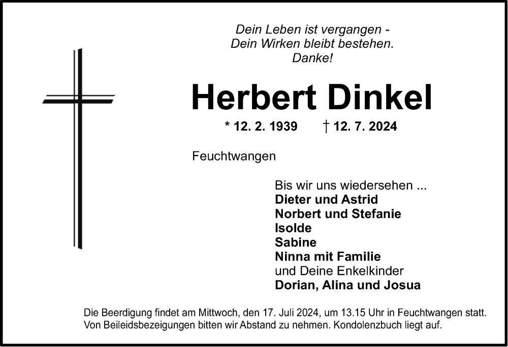  Traueranzeige für Herbert Dinkel vom 16.07.2024 aus Dinkelsbühl/ Feuchtwangen