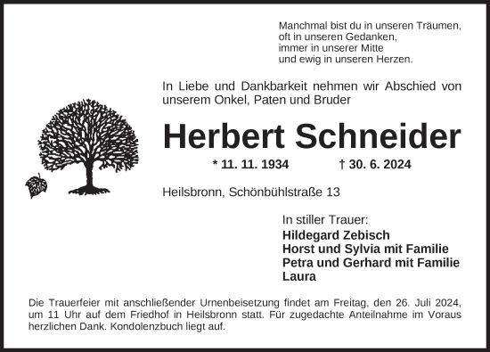 Traueranzeige von Herbert Schneider von Ansbach