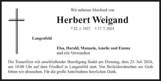 Traueranzeige von Herbert Weigand von Neustadt/ Scheinfeld/ Uffenheim