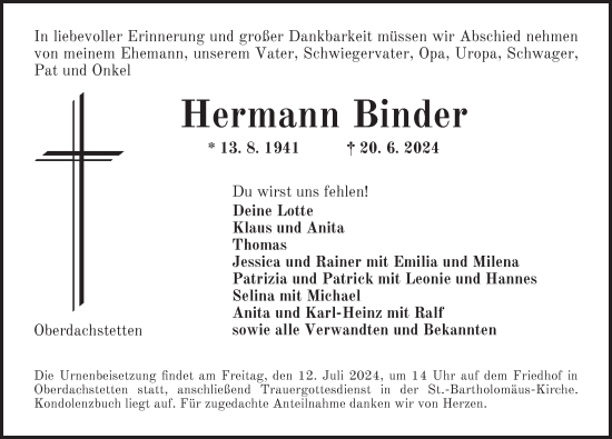 Traueranzeige von Hermann Binder von GE