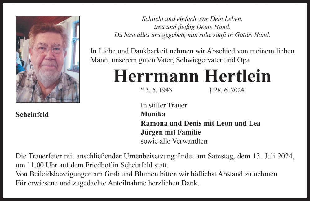  Traueranzeige für Herrmann Hertlein vom 10.07.2024 aus Neustadt/ Scheinfeld/ Uffenheim