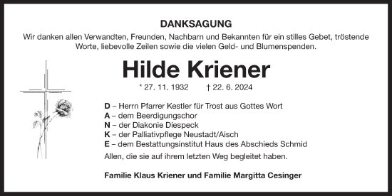 Traueranzeige von Hilde Kriener von Neustadt/ Scheinfeld/ Uffenheim