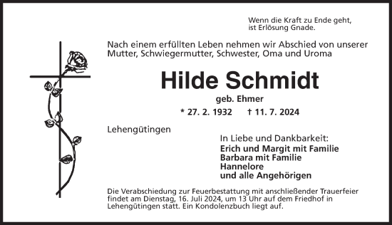 Traueranzeige von Hilde Schmidt von Dinkelsbühl/ Feuchtwangen