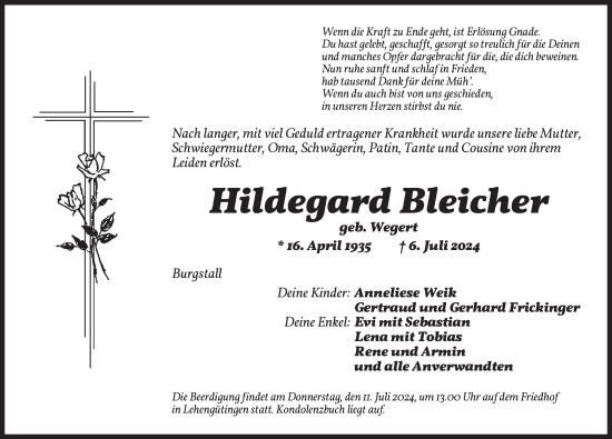 Traueranzeige von Hildegard Bleicher von Dinkelsbühl/ Feuchtwangen