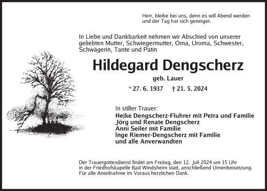 Traueranzeige von Hildegard Dengscherz von Neustadt/ Scheinfeld/ Uffenheim