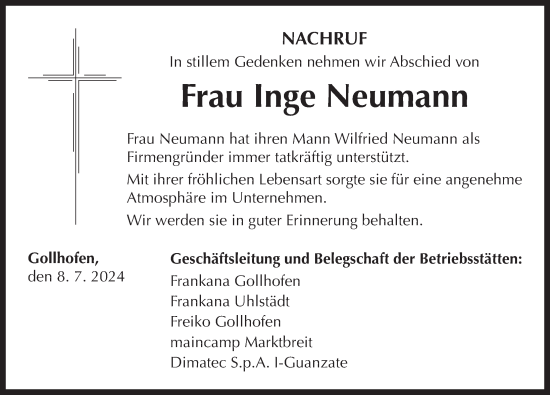 Traueranzeige von Inge Neumann von Neustadt/ Scheinfeld/ Uffenheim