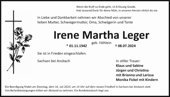 Traueranzeige von Irene Martha Leger von Ansbach