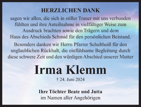 Traueranzeige von Irma Klemm von Neustadt/ Scheinfeld/ Uffenheim