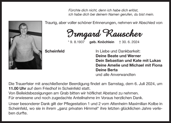 Traueranzeige von Irmgard Rauscher von Neustadt/ Scheinfeld/ Uffenheim