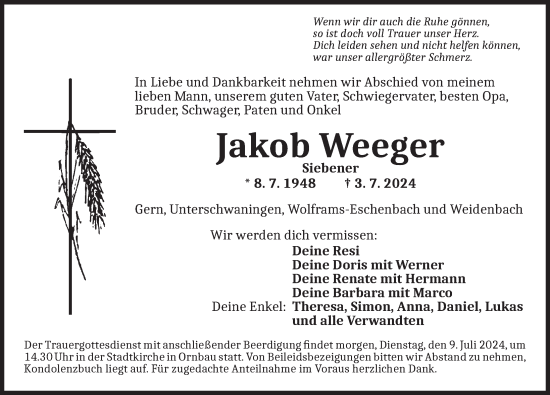 Traueranzeige von Jakob Weeger von Ansbach