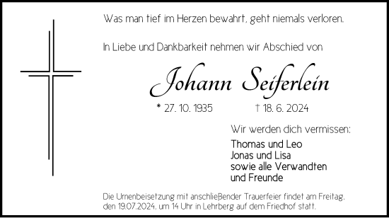 Traueranzeige von Johann Seiferlein von Ansbach