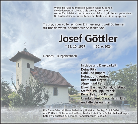 Traueranzeige von Josef Göttler von Ansbach